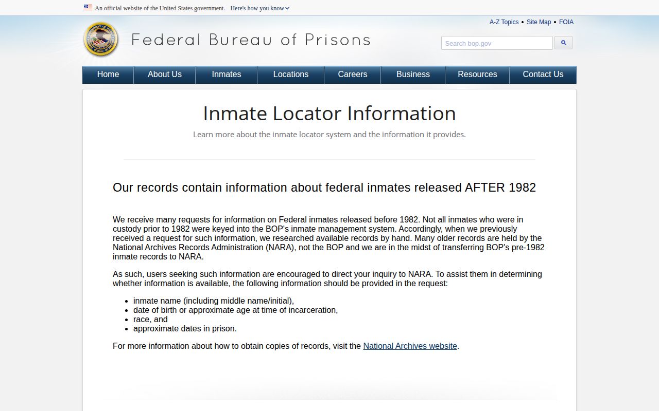BOP locator release record explanation for an Ottawa County federal case