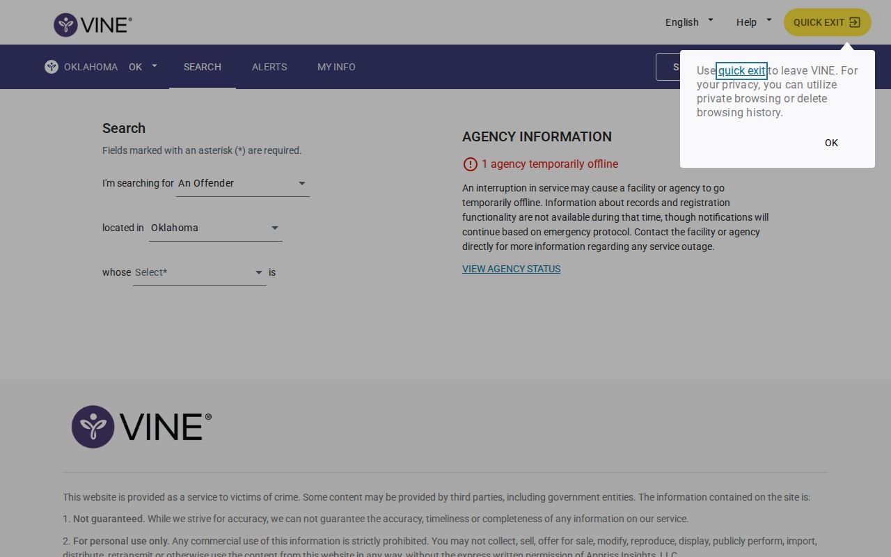 Oklahoma VINELink person search for an Ottawa County VINE inmate check